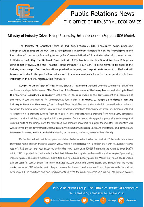 Ministry of Industry Drives Hemp Processing Entrepreneurs to Support BCG Model.