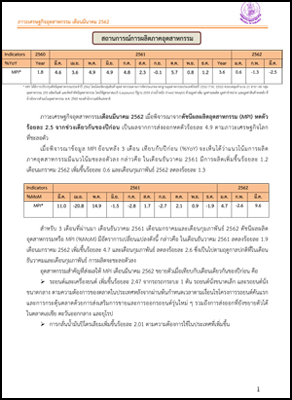 ภาวะเศรษฐกิจอุตสาหกรรม เดือนมีนาคม 2562