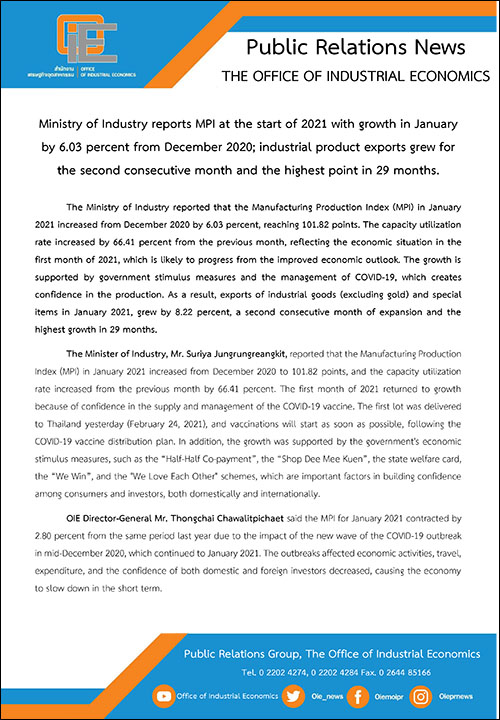Ministry of Industry reports MPI at the start of 2021 with growth in January by 6.03 percent from December 2020; industrial product exports grew for the second consecutive month and the highest point 