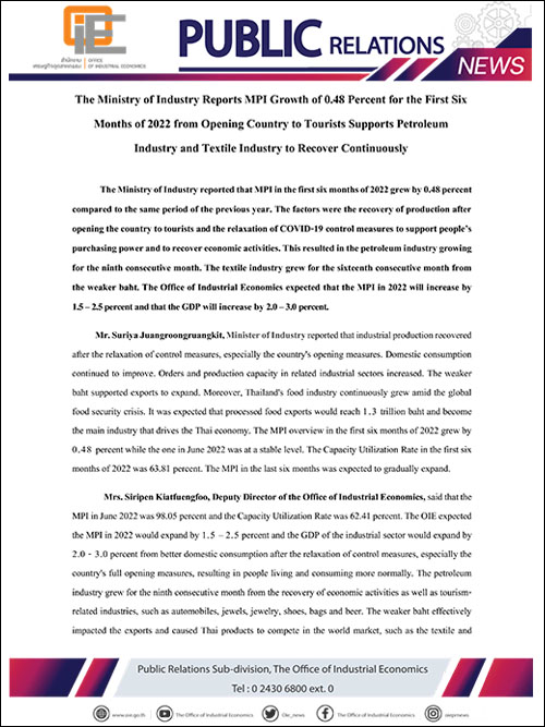 The Ministry of Industry Reports MPI Growth of 0.48 Percent for the First Six Months of 2022 from Opening Country to Tourists Supports Petroleum Industry and Textile Industry to Recover Continuously