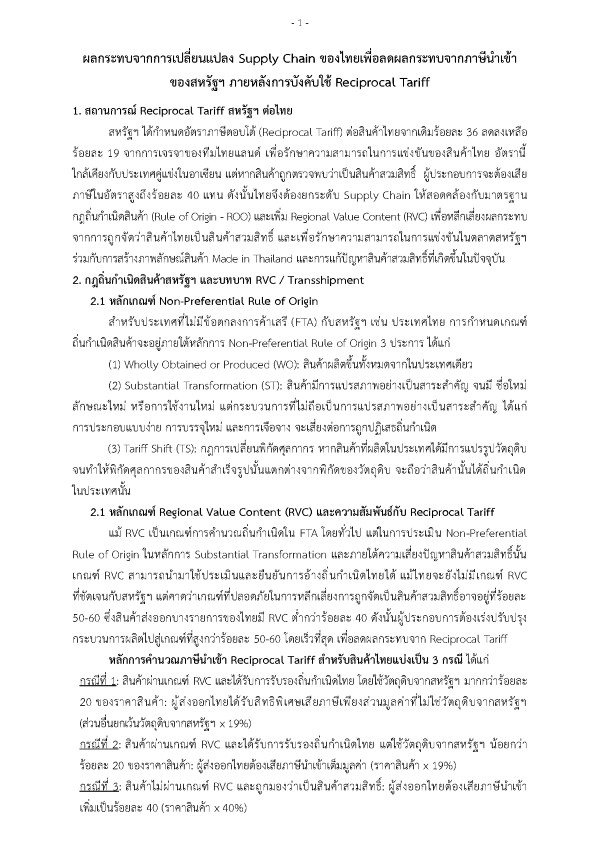 ผลกระทบจากการเปลี่ยนแปลง Supply Chain ของไทยเพื่อลดผลกระทบจากภาษีนำเข้าของสหรัฐฯ ภายหลังการบังคับใช้ Reciprocal Tariff