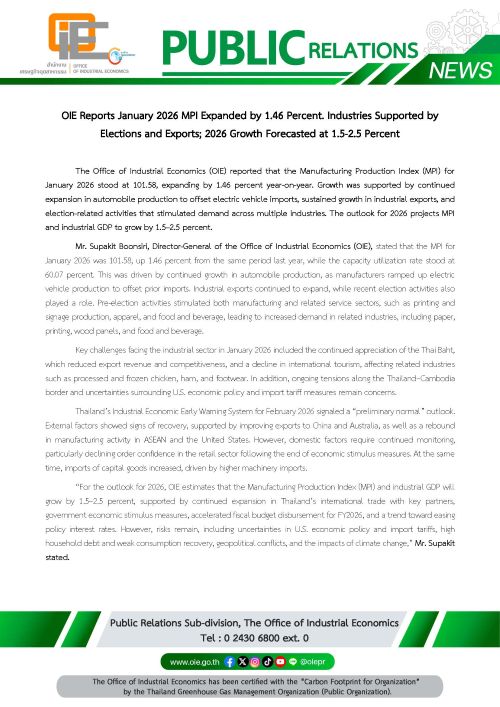 OIE Reports January 2026 MPI Expanded by 1.46 Percent. Industries Supported by Elections and Exports; 2026 Growth Forecasted at 1.5-2.5 Percent