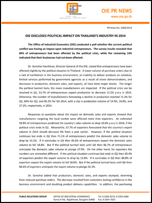 OIE DISCLOSES POLITICAL IMPACT ON THAILAND’S INDUSTRY IN 2014